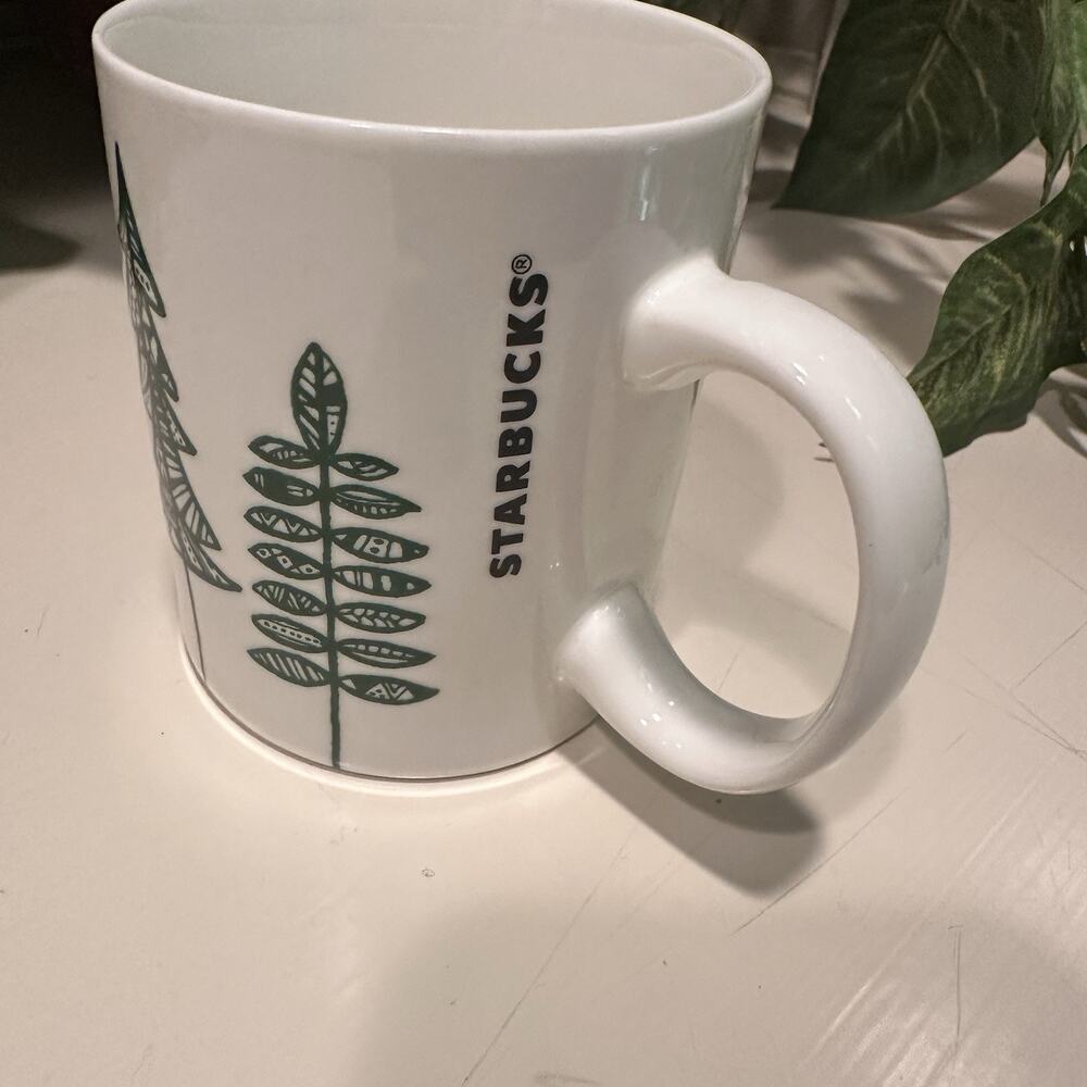 Starbucks Coffee Mug 2015 White Green Pine Trees Christmas Holiday‎ Cup 12 oz